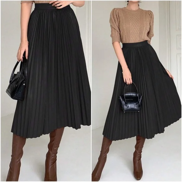Luxe Vegan leather Accordion Pleated Midi Skirt - Picture 6 of 8